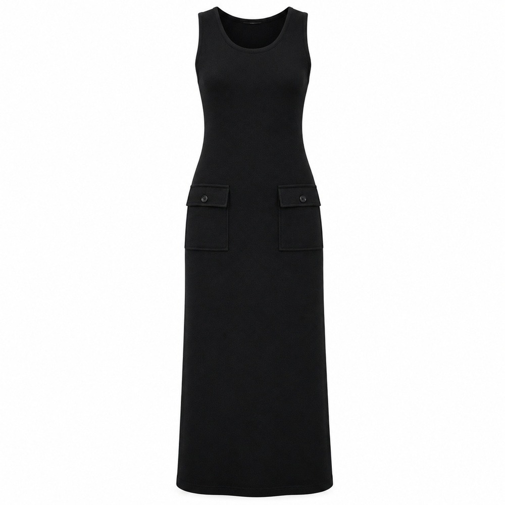 Vintage 90s Claudia D‎ Black Knit Ankle Length Dress Button Back Minimalist Tank